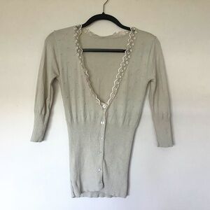 Beige Cardigan Long Sleeves with Lace Trim